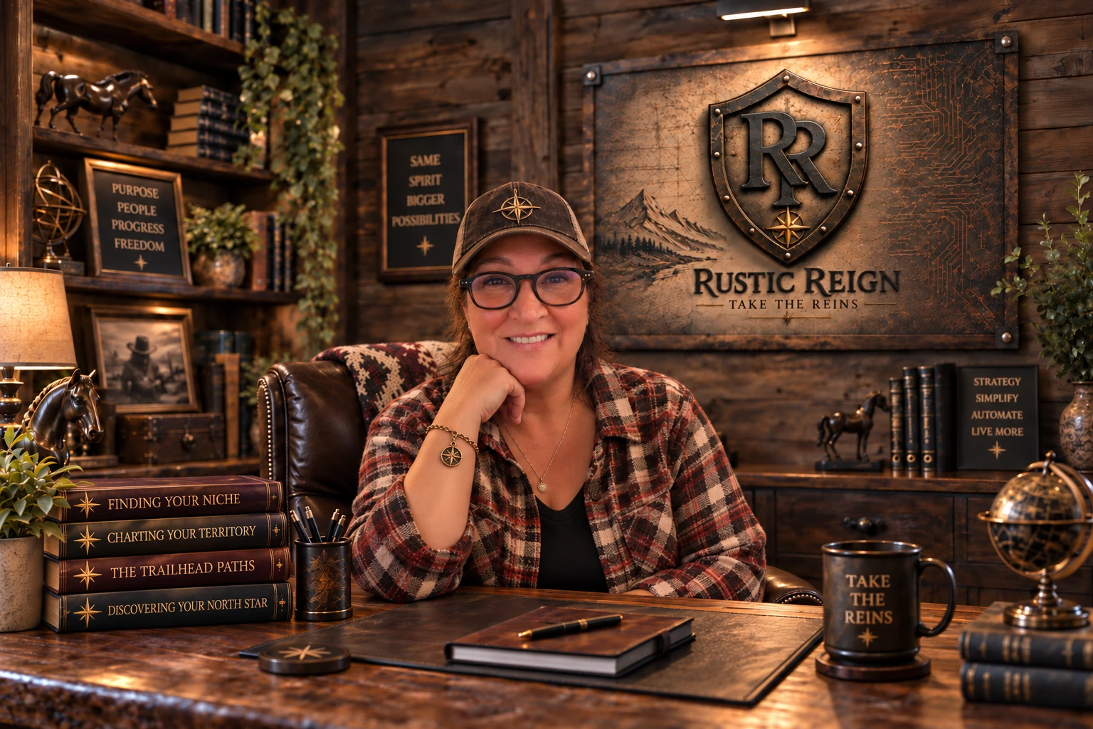 Linda Cook at her desk in the Rustic Reign office